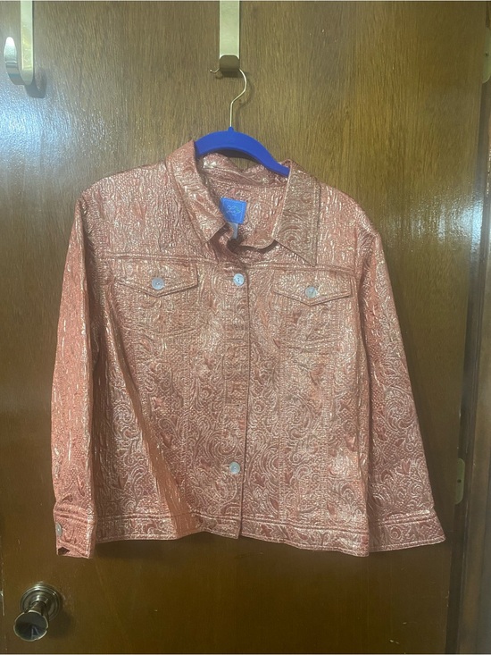 Lark Lane Jackets & Blazers - Metallic Rose Coral Paisley Button-Front Jacket - Women. Size 16